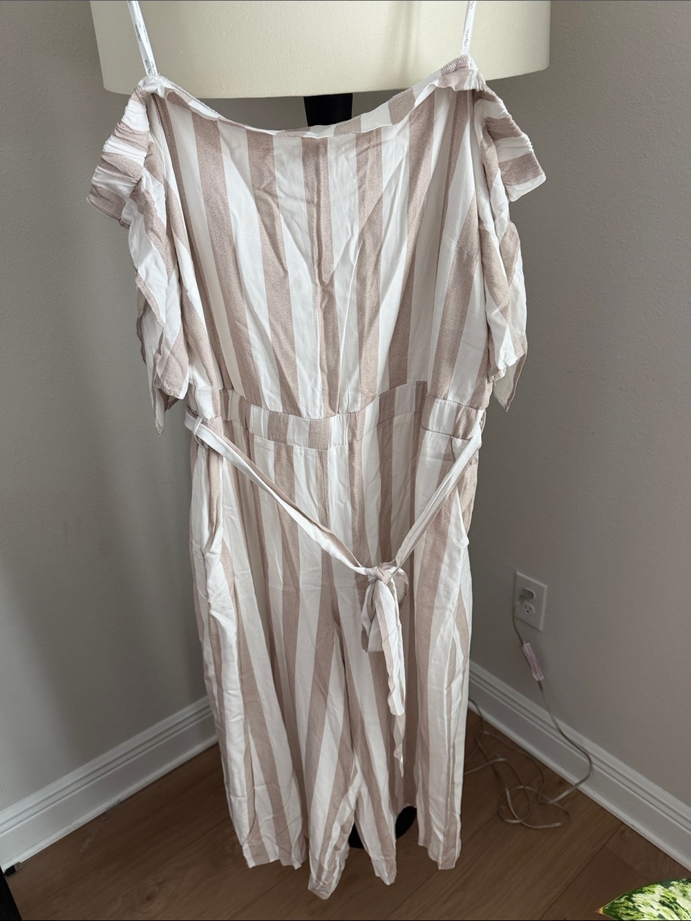 City Chic Beige and White One-Shoulder Striped Dress